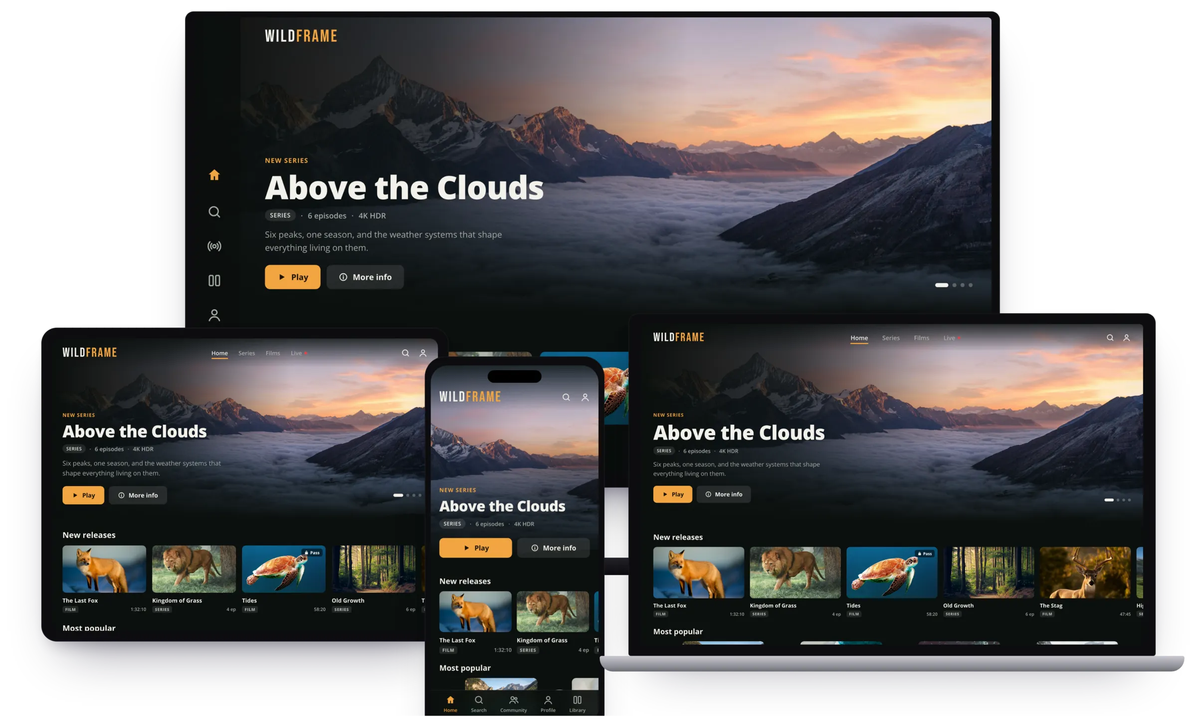 The same demo nature channel app on a TV, a laptop, a tablet and a phone