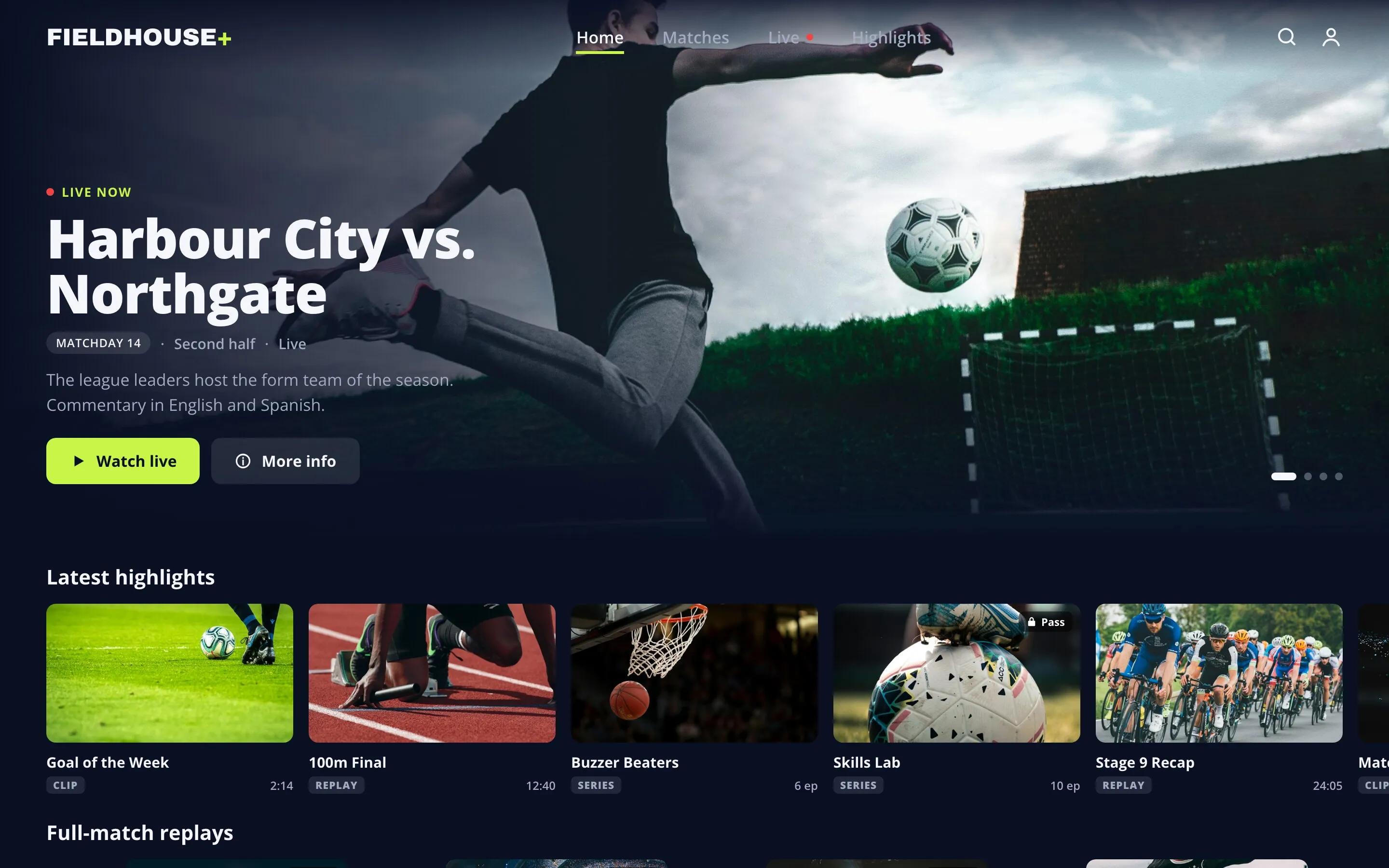 Demo sports league app on the web: a live match banner above rows of highlights