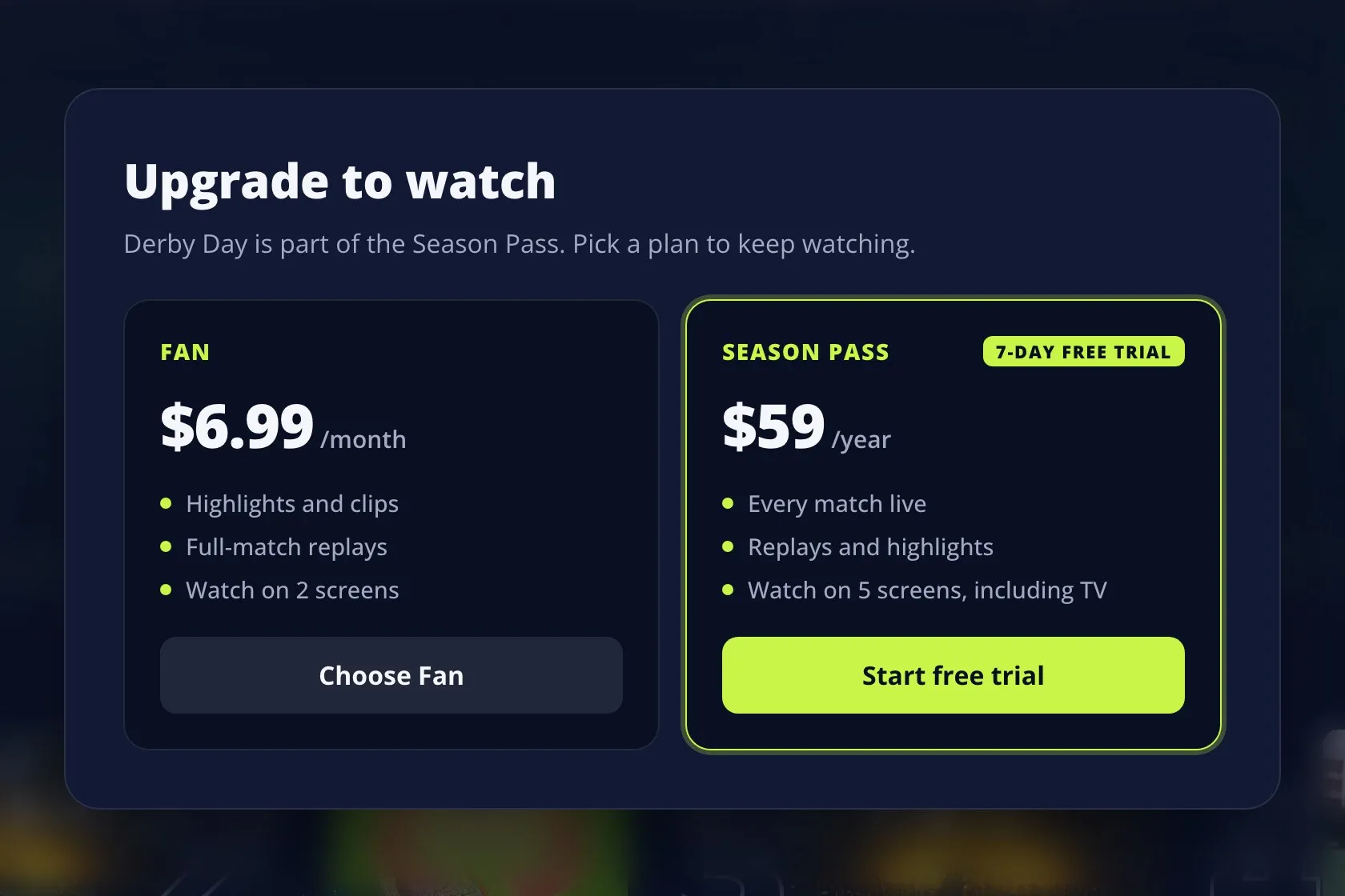Paywall in a demo sports app offering a monthly Fan tier and a Season Pass with a 7-day free trial