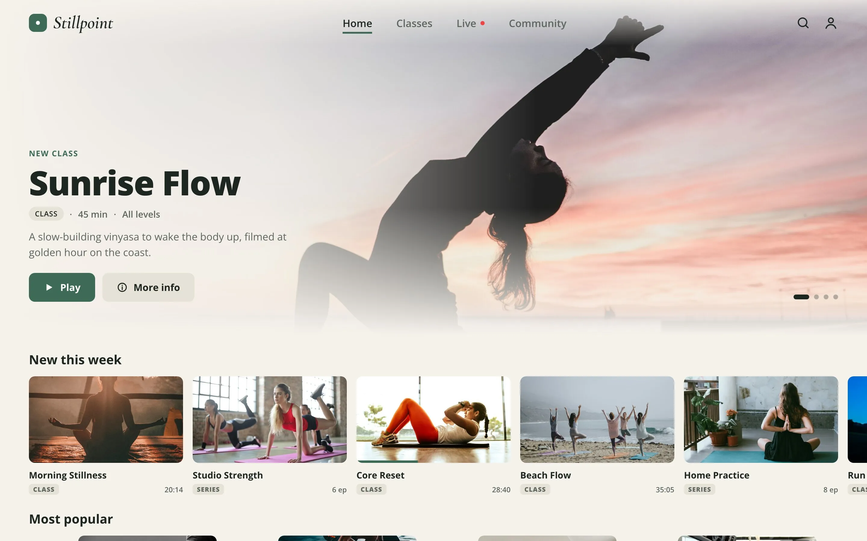 Demo yoga studio app on the web: a featured class, Sunrise Flow, above rows of classes