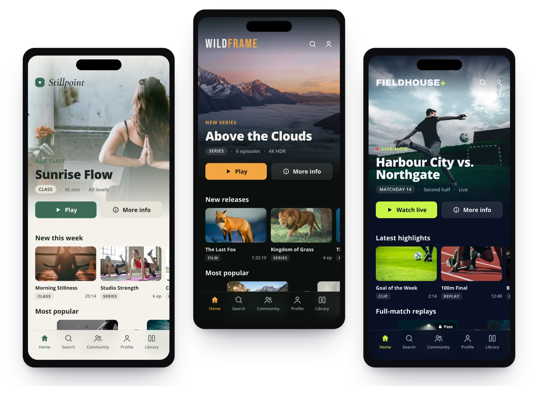 The same app layout on three phones, branded as a yoga studio, a nature channel and a sports league