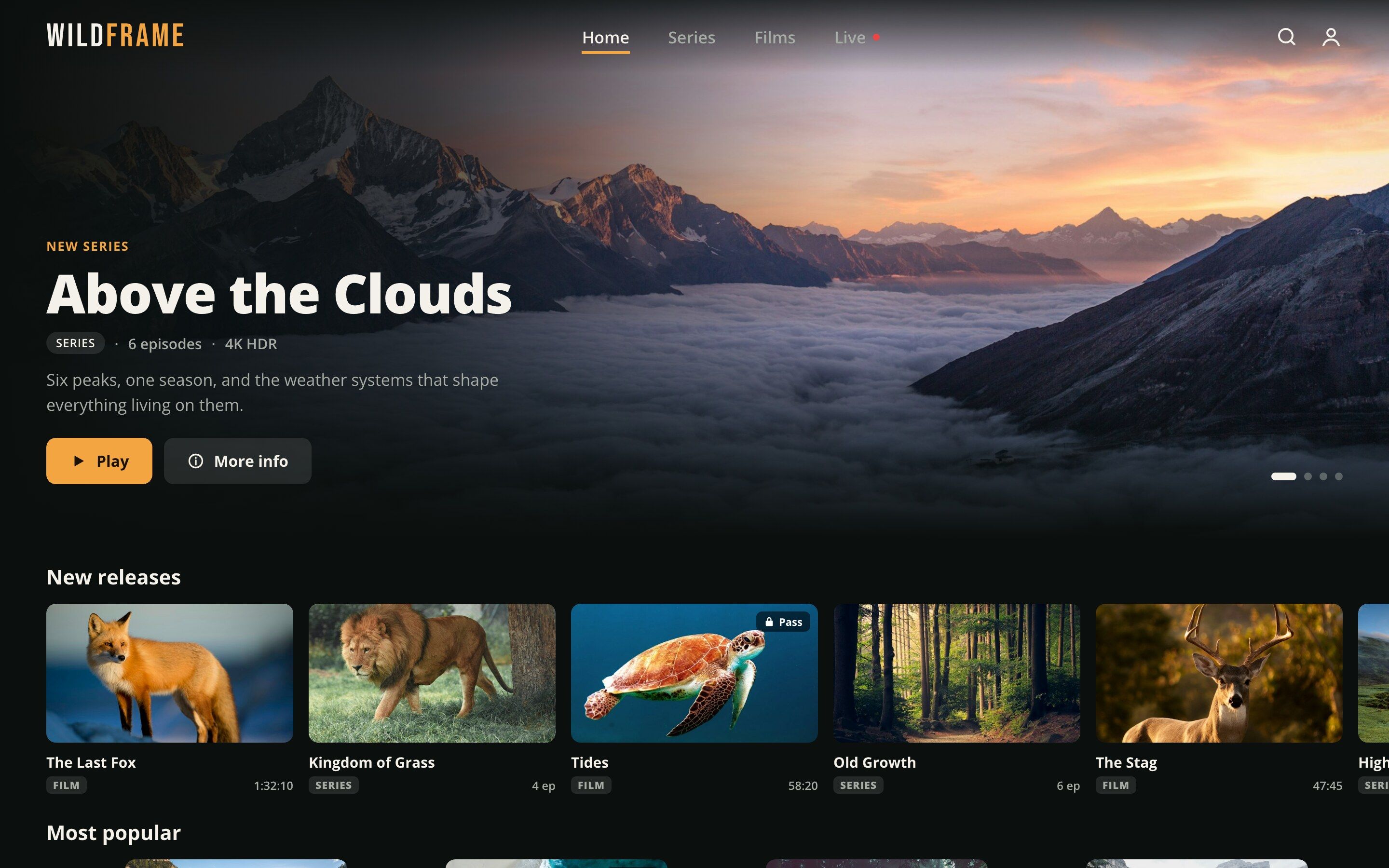 Demo nature documentary app built with Vidori: a featured series above rows of films