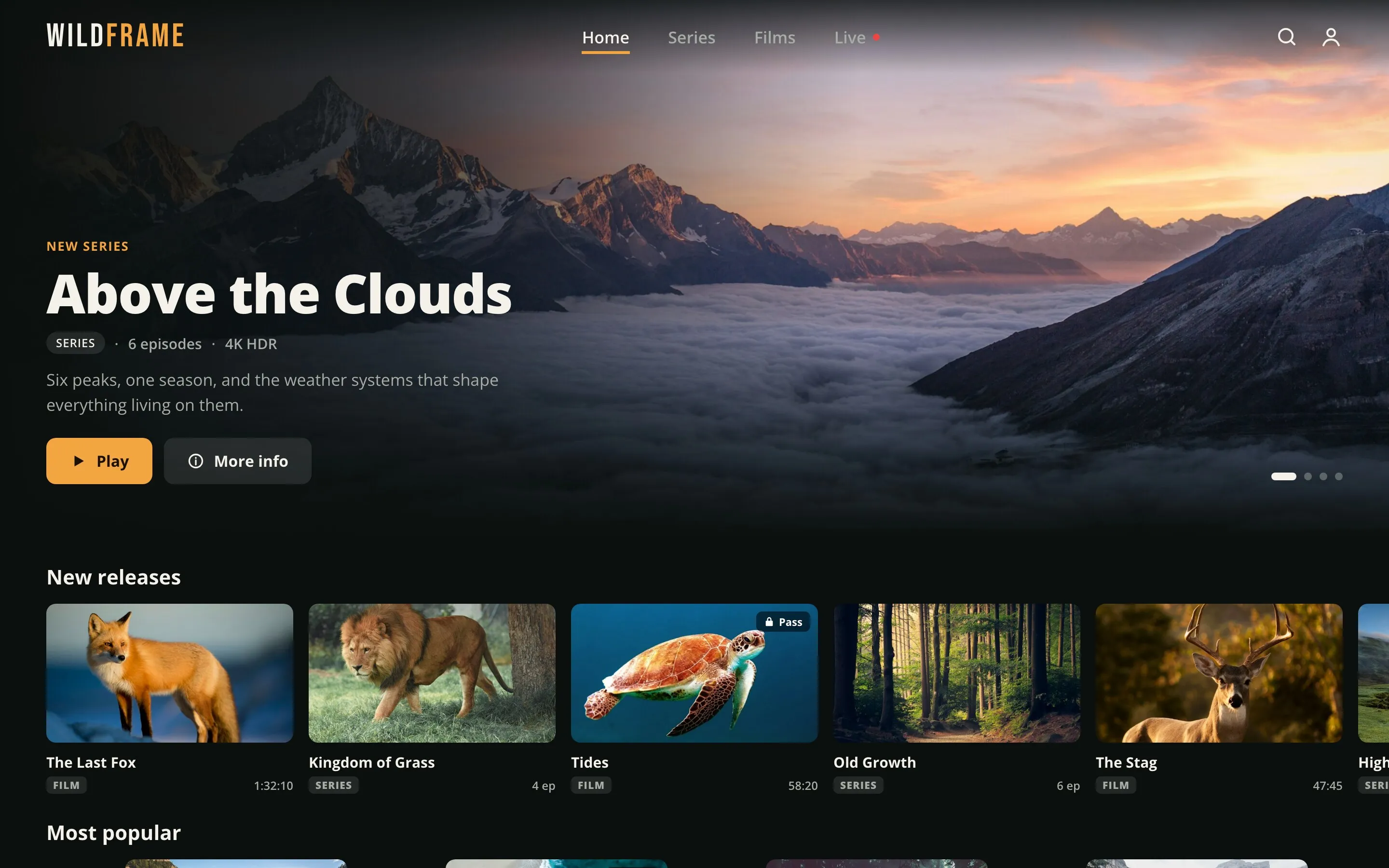 Demo nature documentary app on the web: a featured series, Above the Clouds, above rows of films
