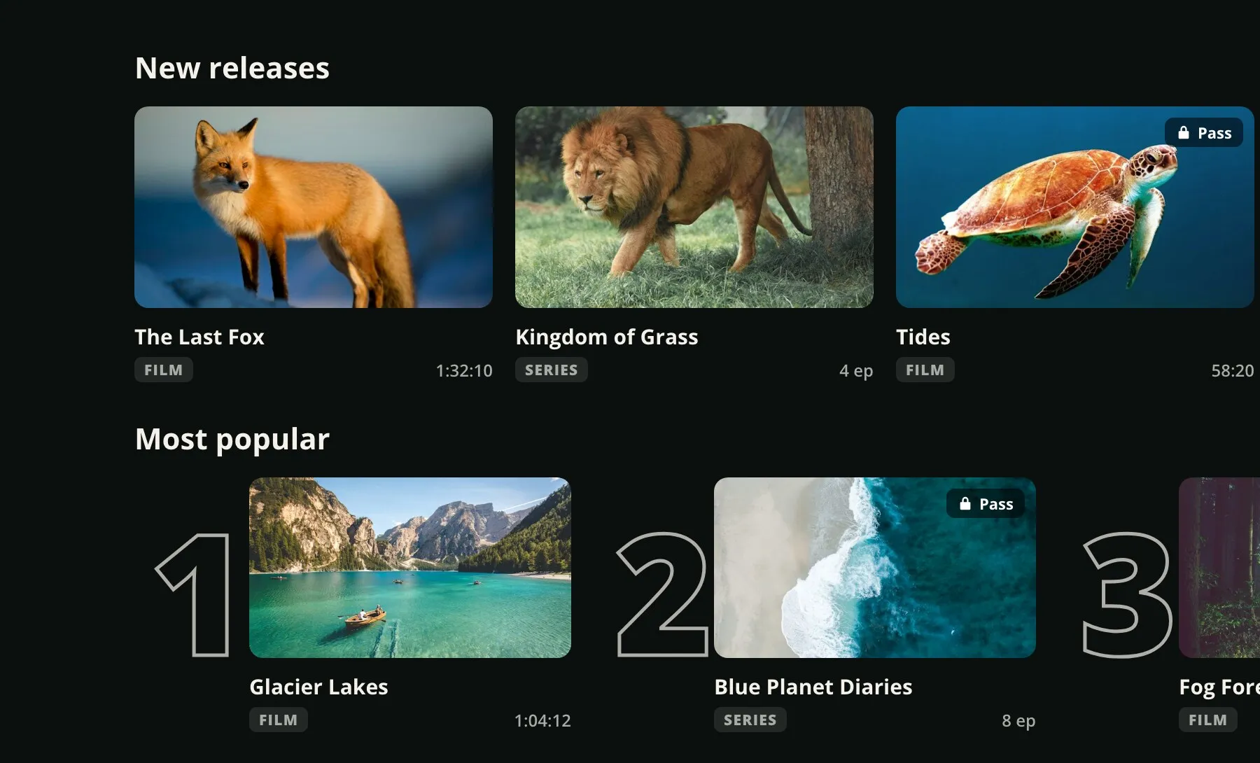 Catalog rows in a demo nature channel: new releases and a numbered most-popular row